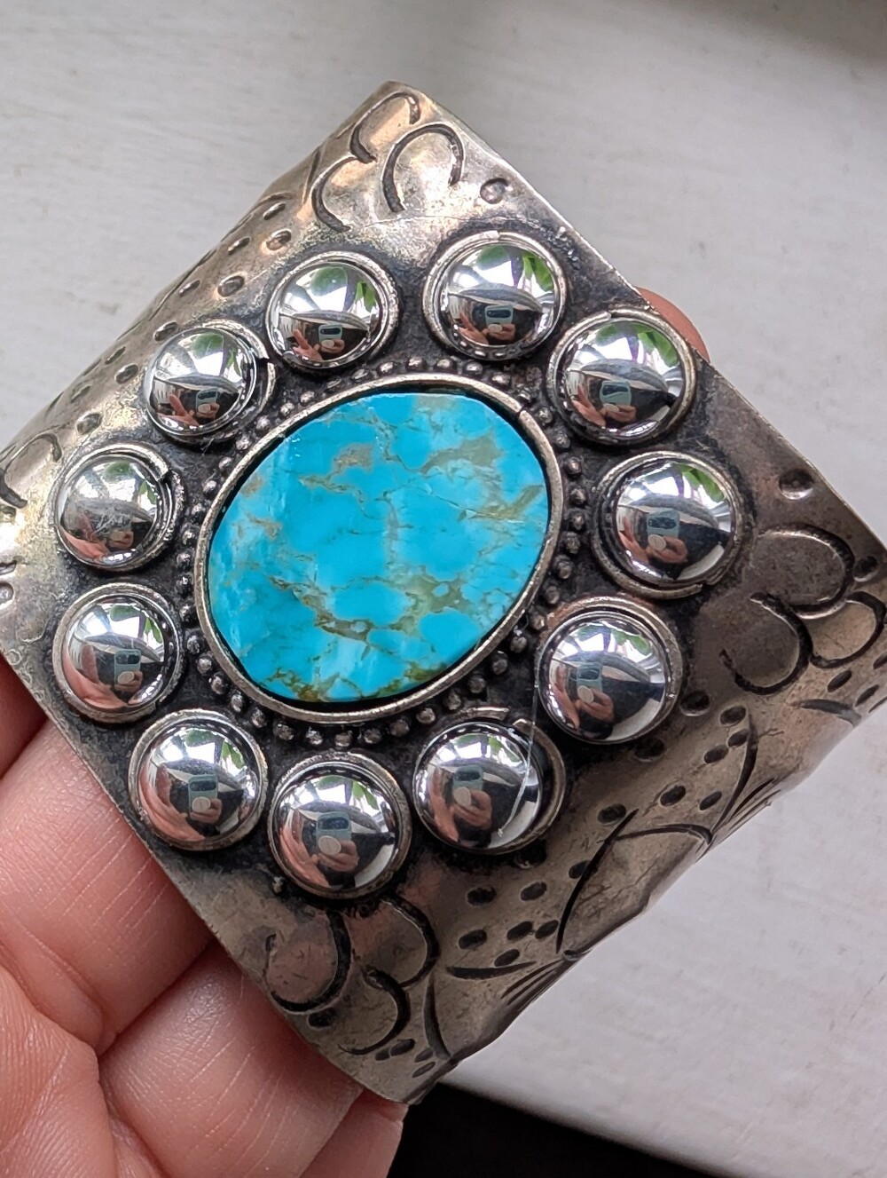 Genuine Turquoise Stone Silver Mexican artisan Cuff - Picture 4 of 6
